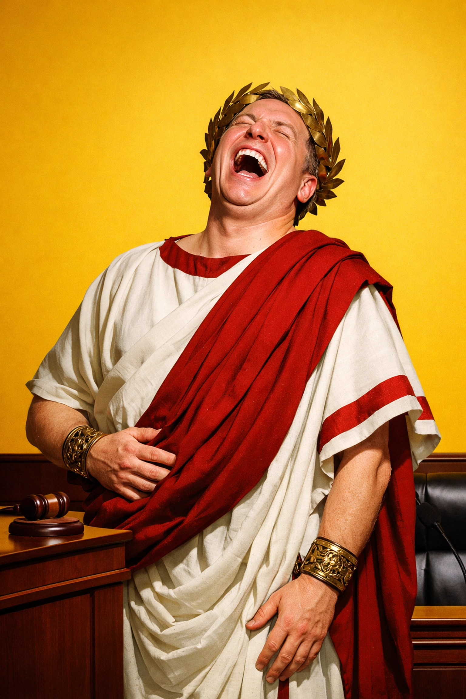Ancient Roman lawyer laughing in courtroom representing humor in podcasting
