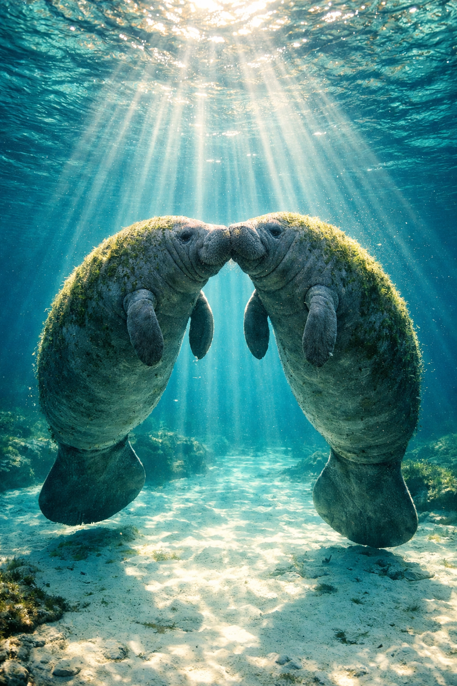 Two male manatees touching muzzles in a Florida spring, representing the natural social bonds of MM romance.