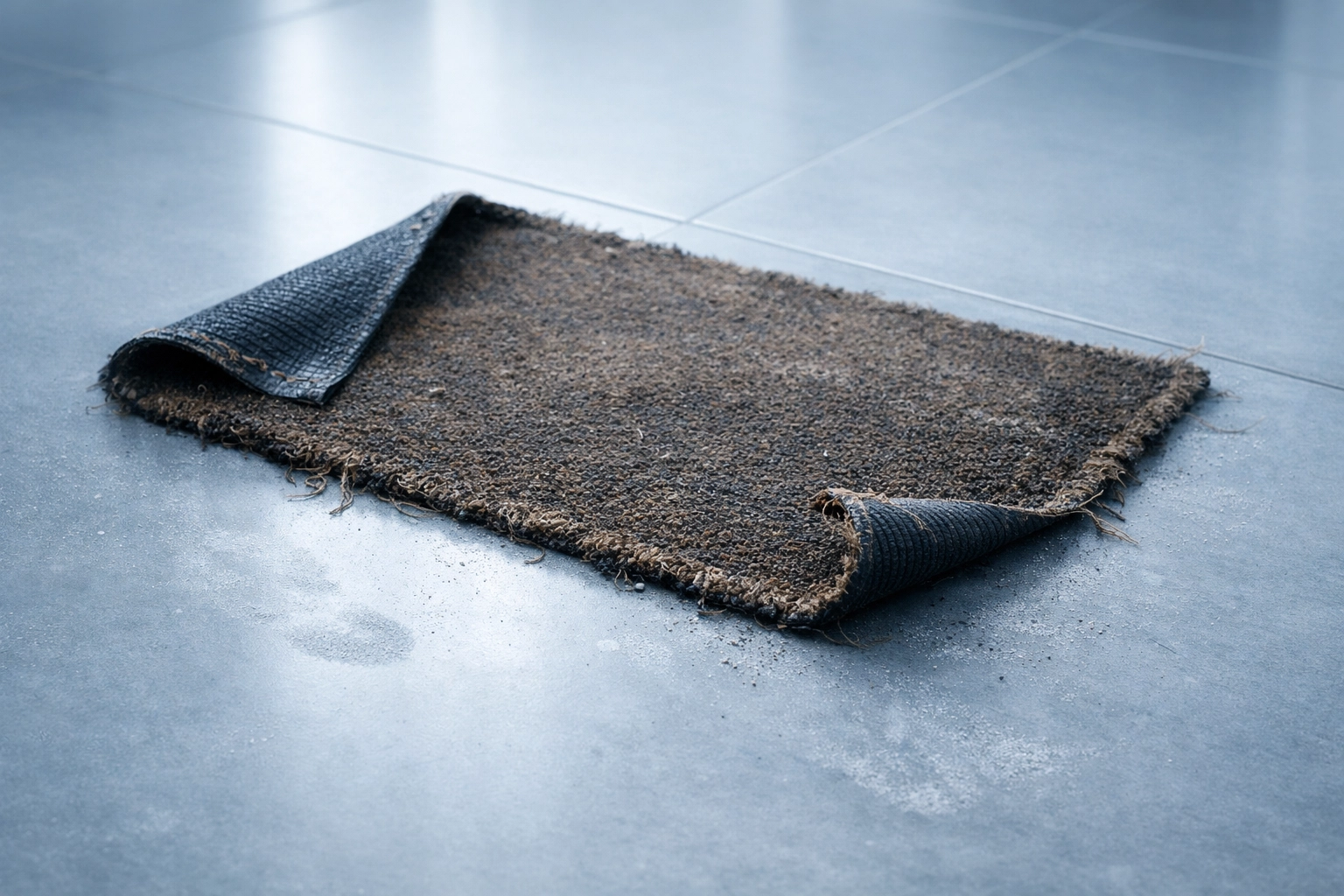 Worn, thin entrance mat with curled edges failing to trap dirt on a business floor.