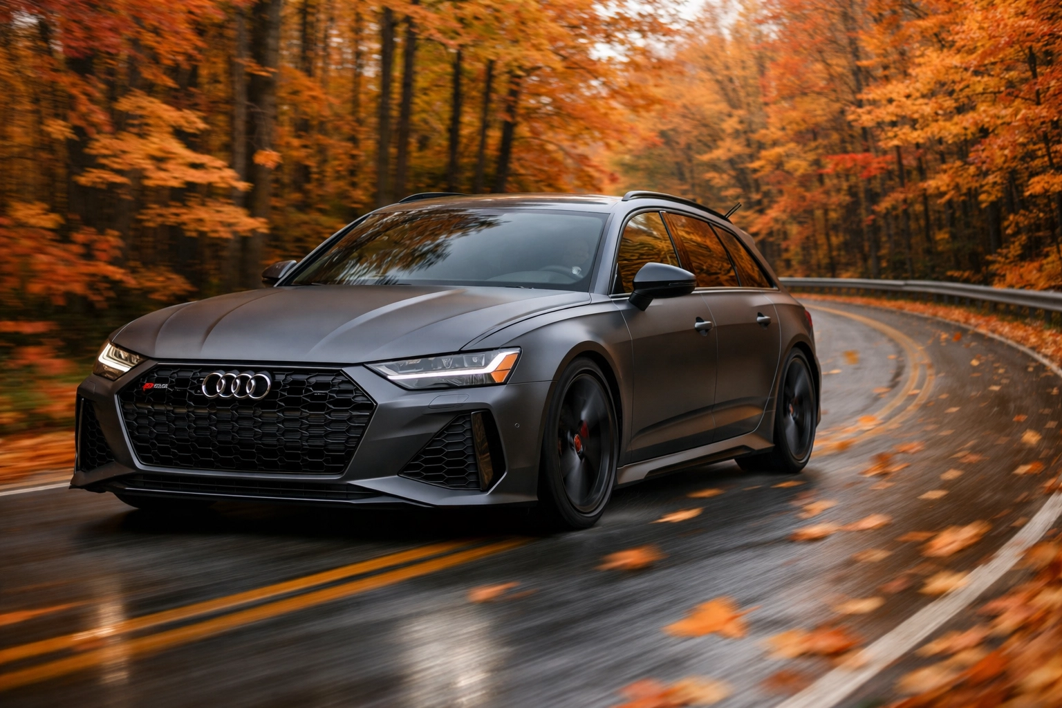 A high-performance Audi RS6 driving on a winding Minnesota road during the autumn season.