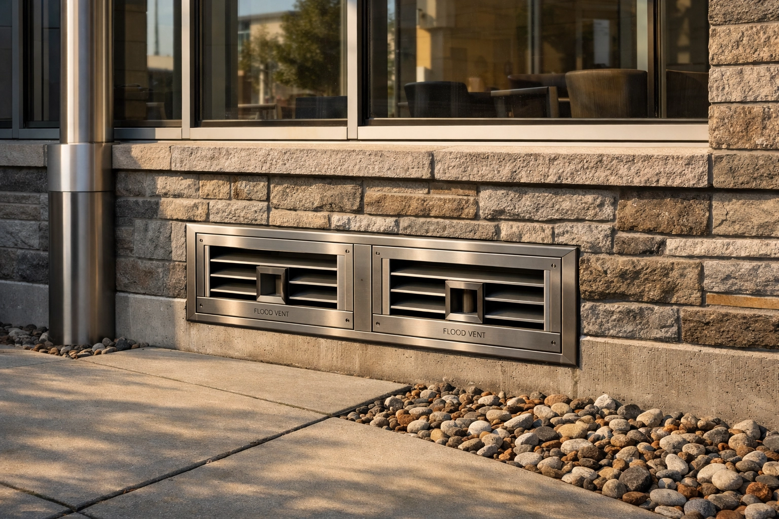 Integrated flood vent system on a commercial building foundation to mitigate structural flood damage.