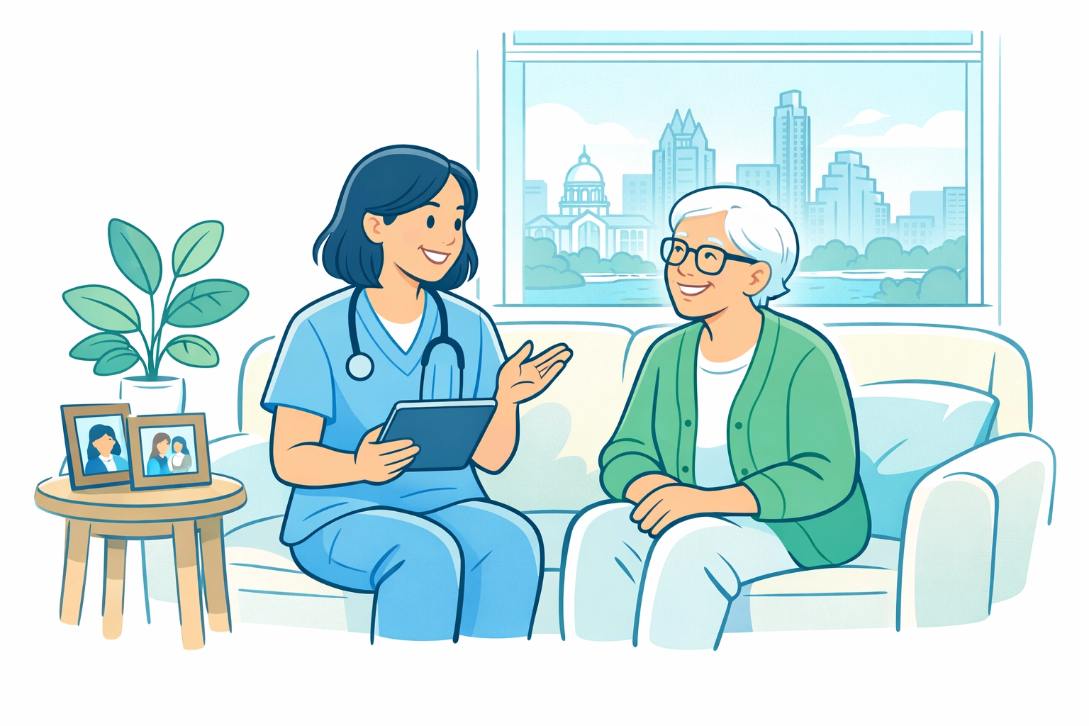 Home health care assessment with senior in Austin living room during consultation