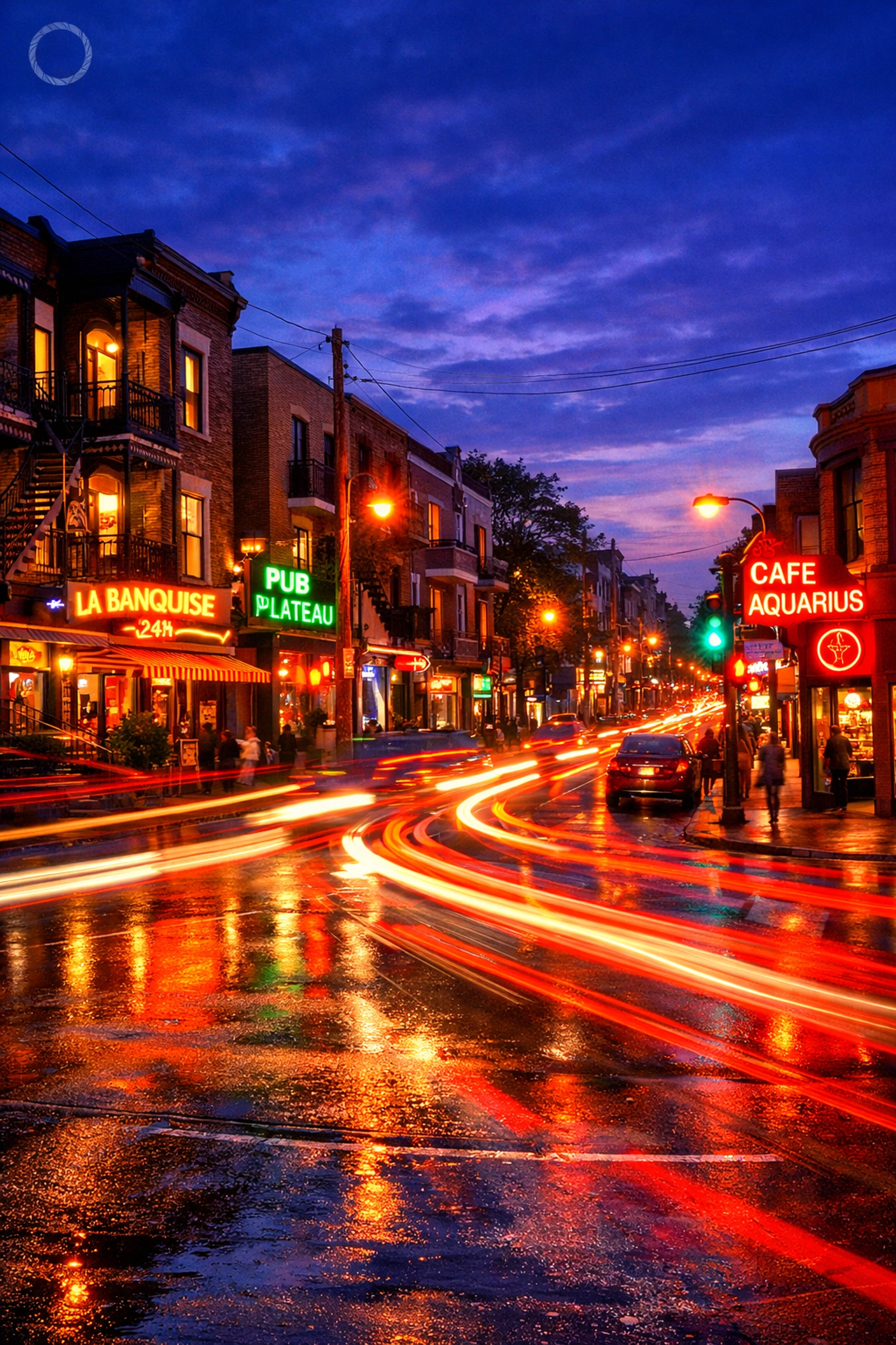 Energetic night life in Montreal's Plateau neighborhood featuring glowing neon signs and busy city traffic.