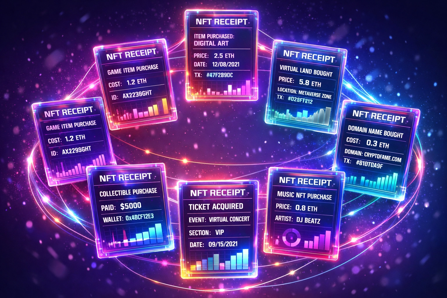 NFT receipt system displaying transaction data and loyalty rewards on blockchain network