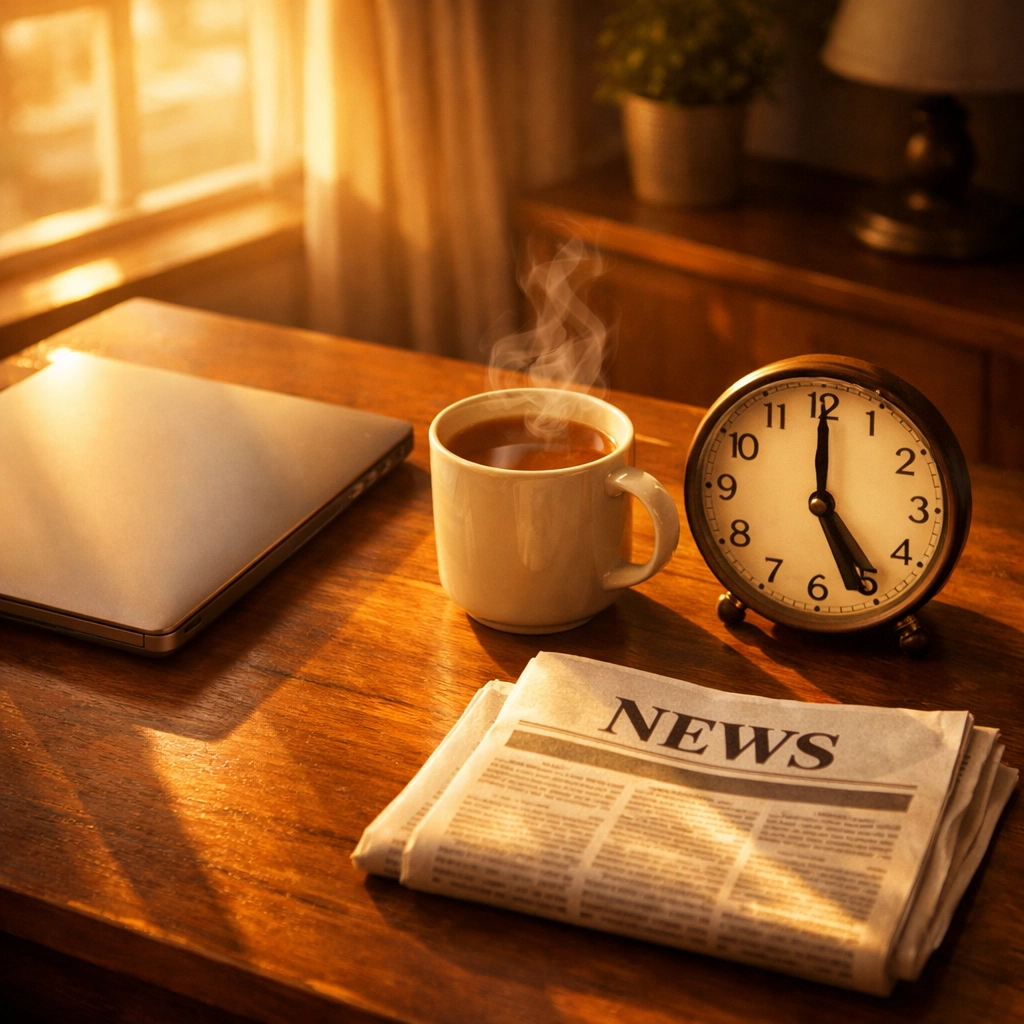Peaceful desk setup at 5 PM with clock, laptop, and tea representing the Evening Brief routine
