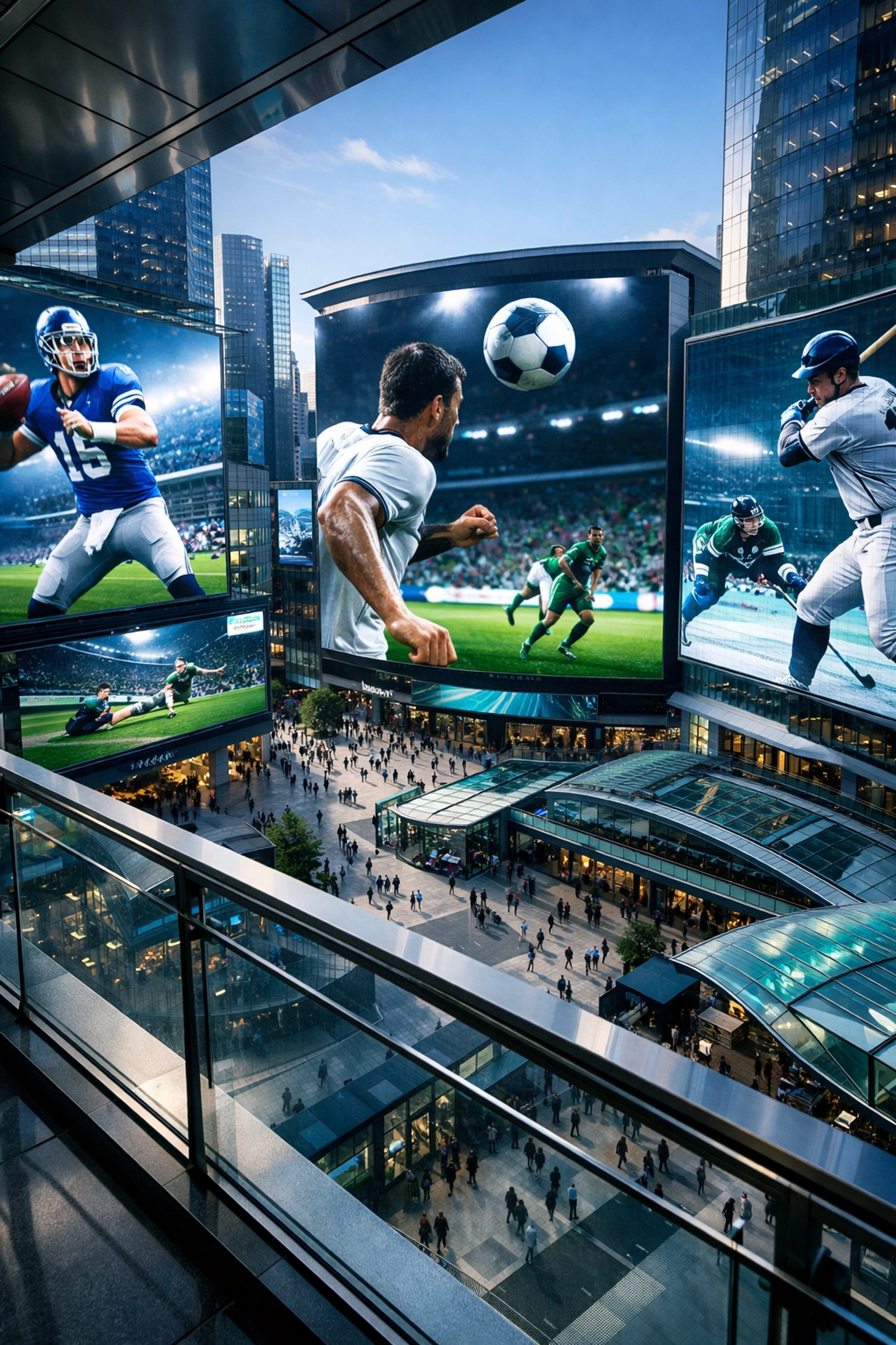 Large-scale digital displays in a futuristic sports district showing the growth of DOOH advertising.
