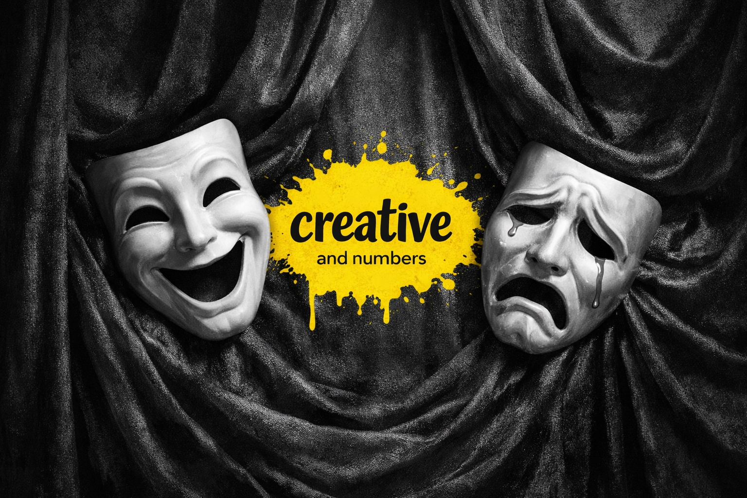 Comedy and tragedy masks on a velvet curtain, representing expert tax guidance from accountants for creatives.