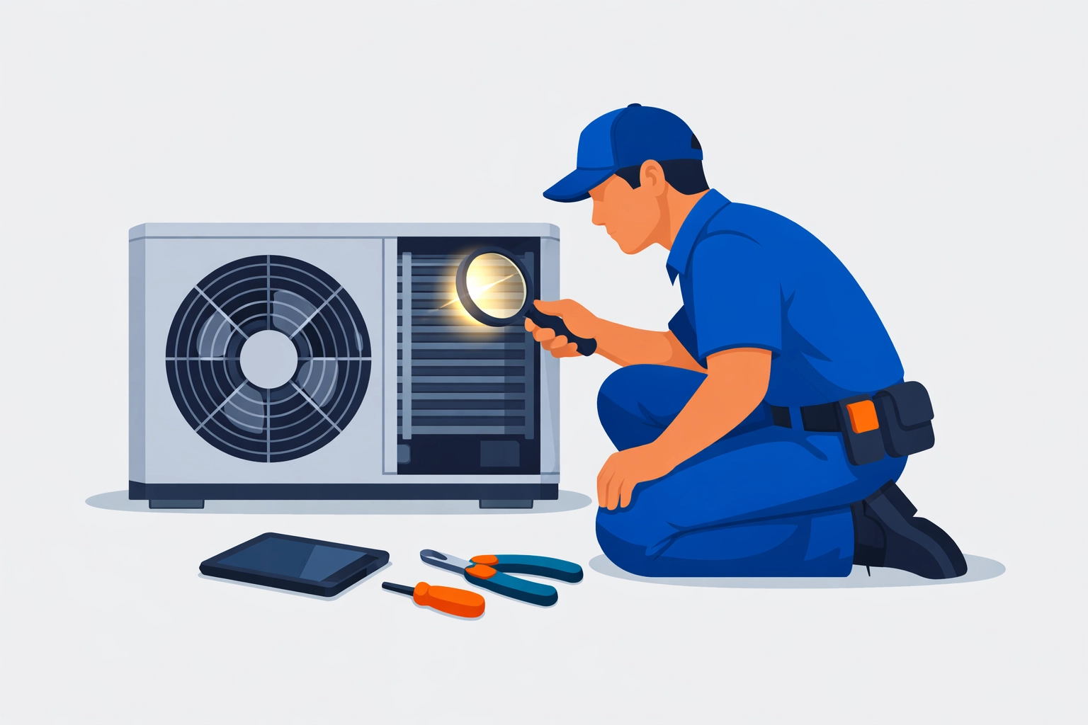 HVAC technician performing manual AC unit inspection with a magnifying glass for precise diagnostics.