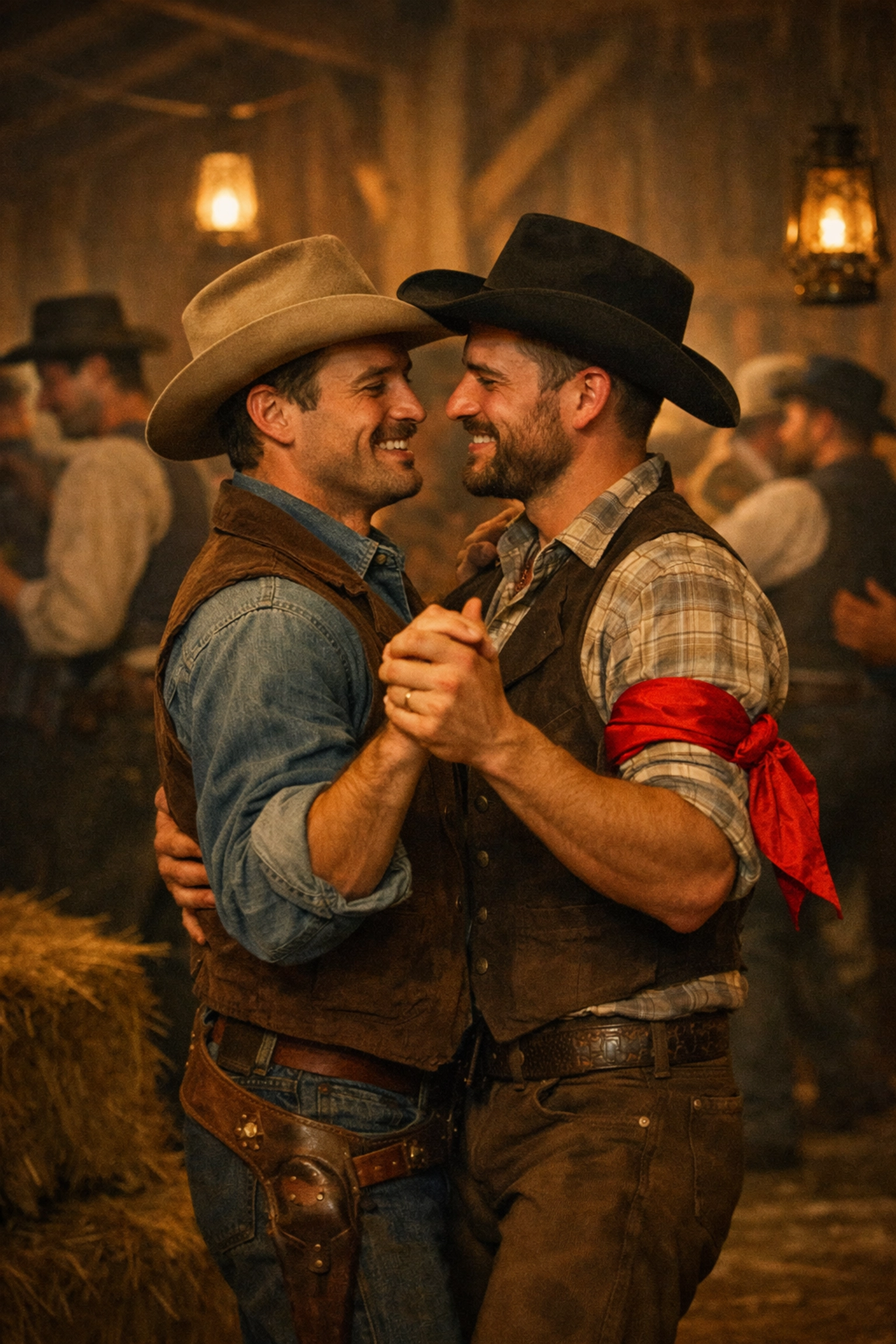 Two historical gay cowboys dancing together in a barn during a traditional frontier stag dance.