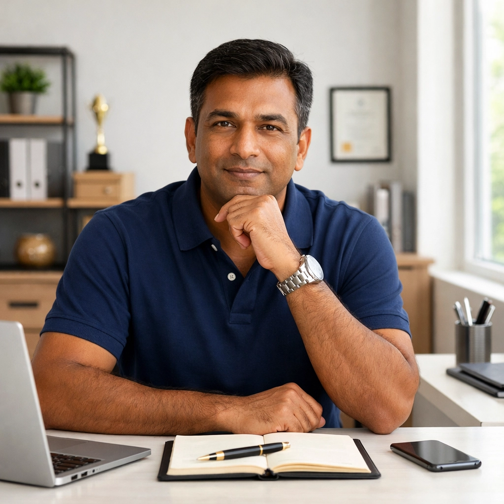 Small business owner planning retirement contributions at office desk