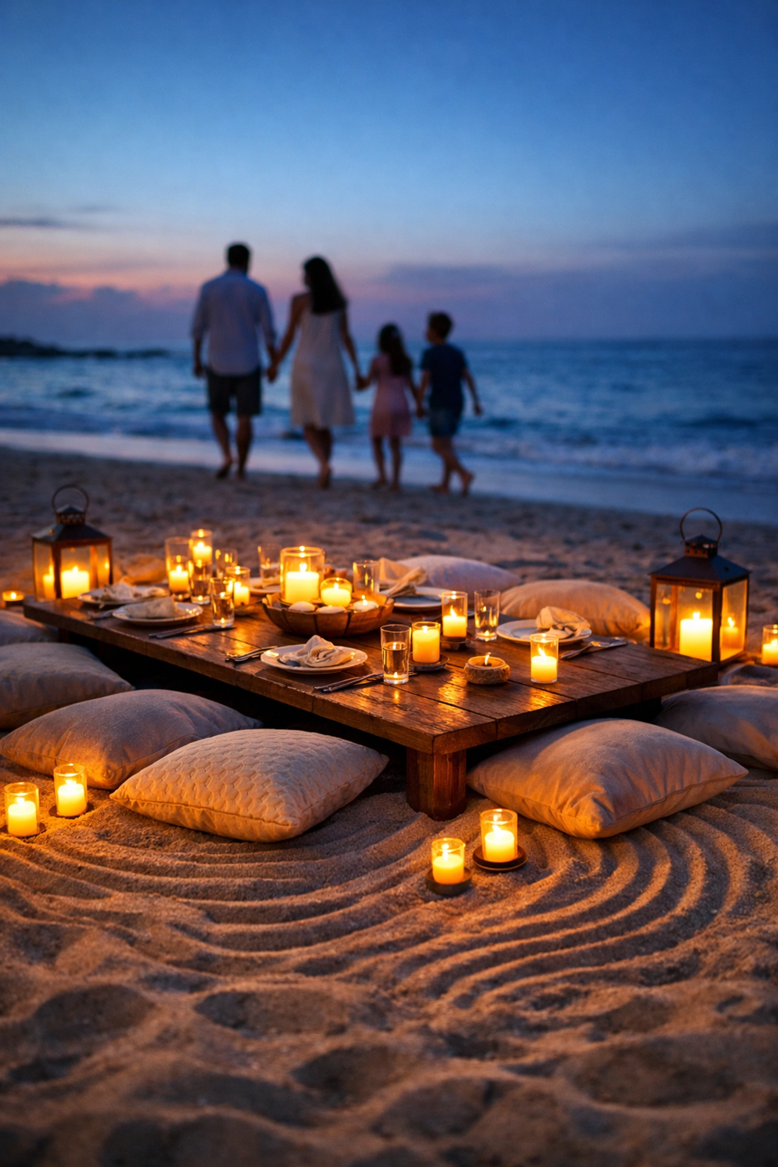 A family enjoying a private candlelit beach dinner included in Maldives all inclusive packages.
