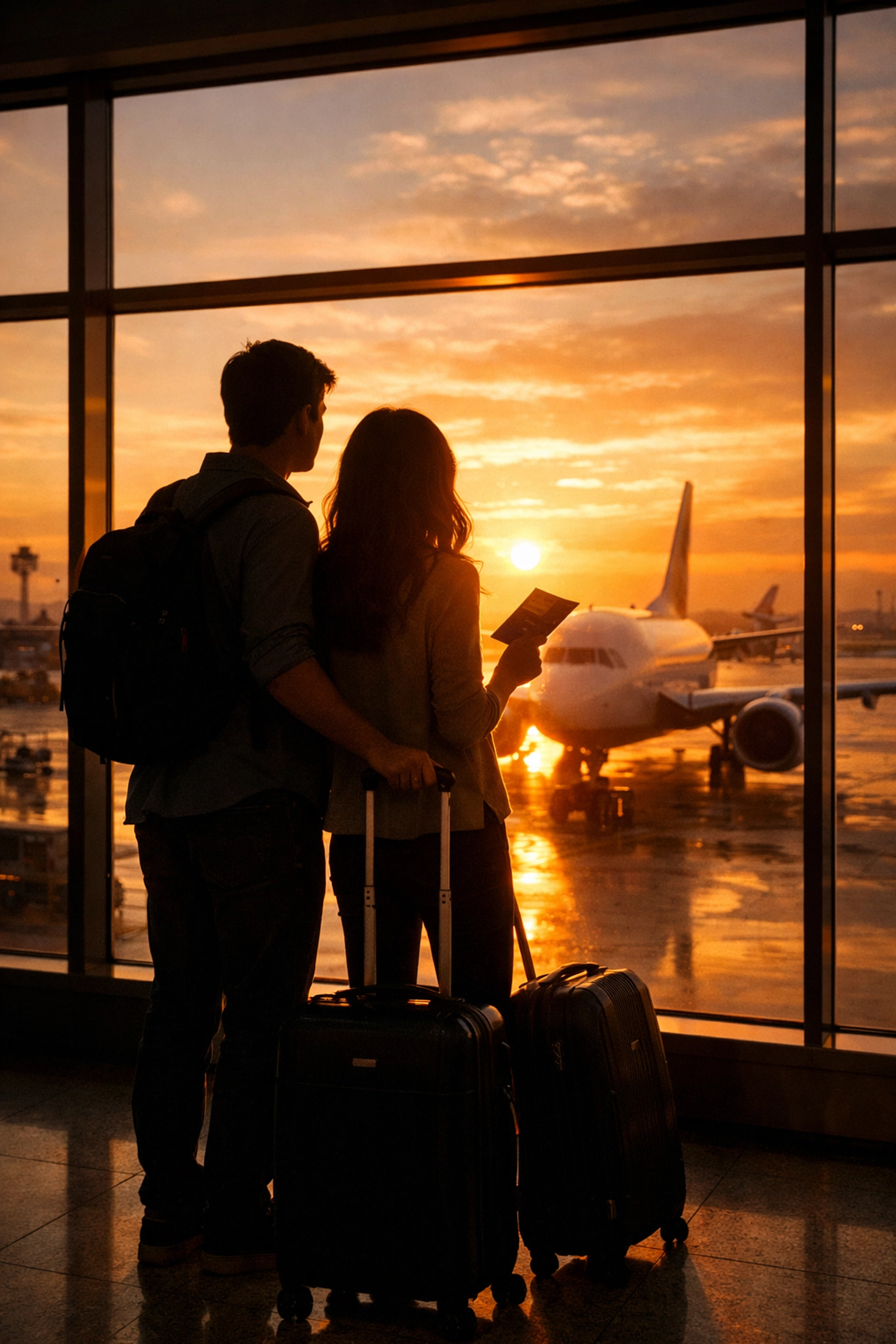 Family at airport terminal ready to depart for summer vacation with boarding passes