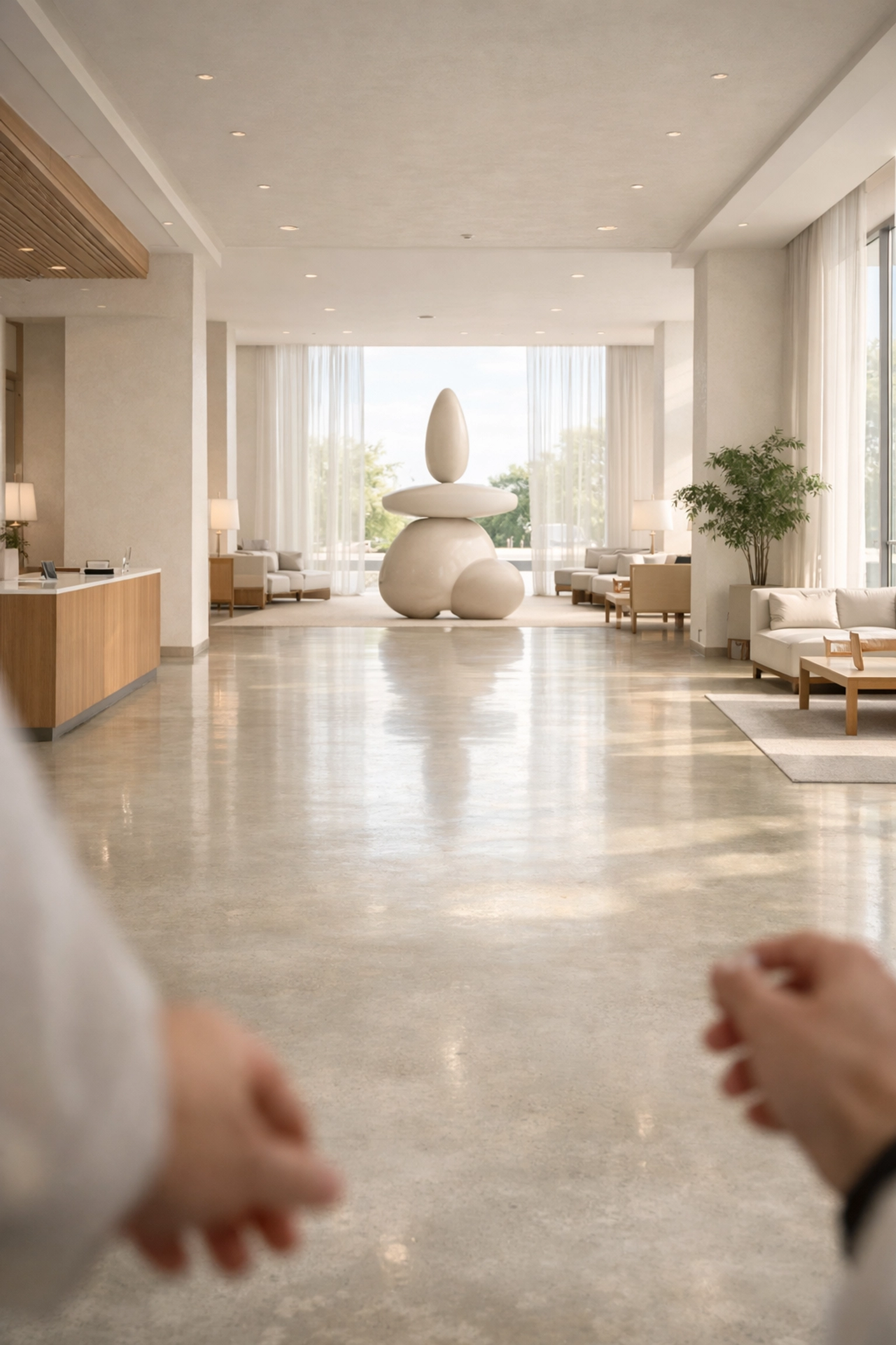 Point of view shot of a bright, minimalist hotel lobby representing the innovative future of hospitality.