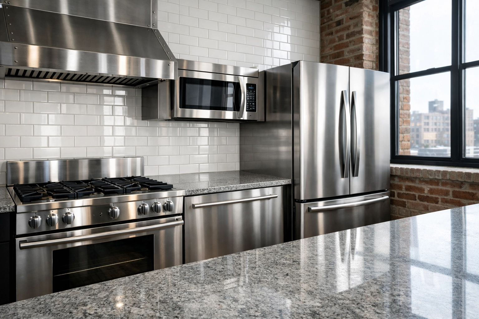 Deep-cleaned Detroit loft kitchen featuring shiny stainless steel appliances and spotless granite countertops.