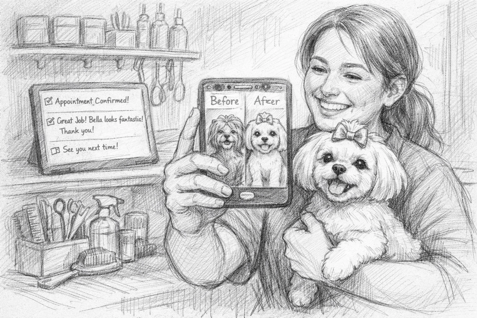 Professional pet groomer showcasing freshly groomed dog with automated booking notifications