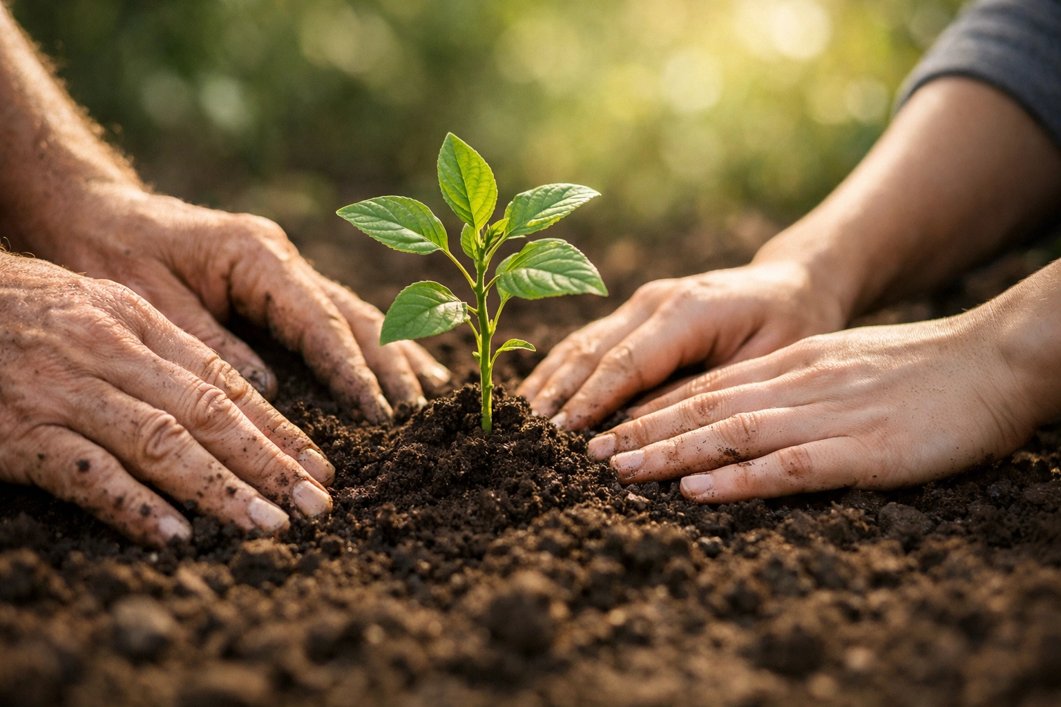 Hands planting a new sapling representing spiritual growth and serving the community with mercy.