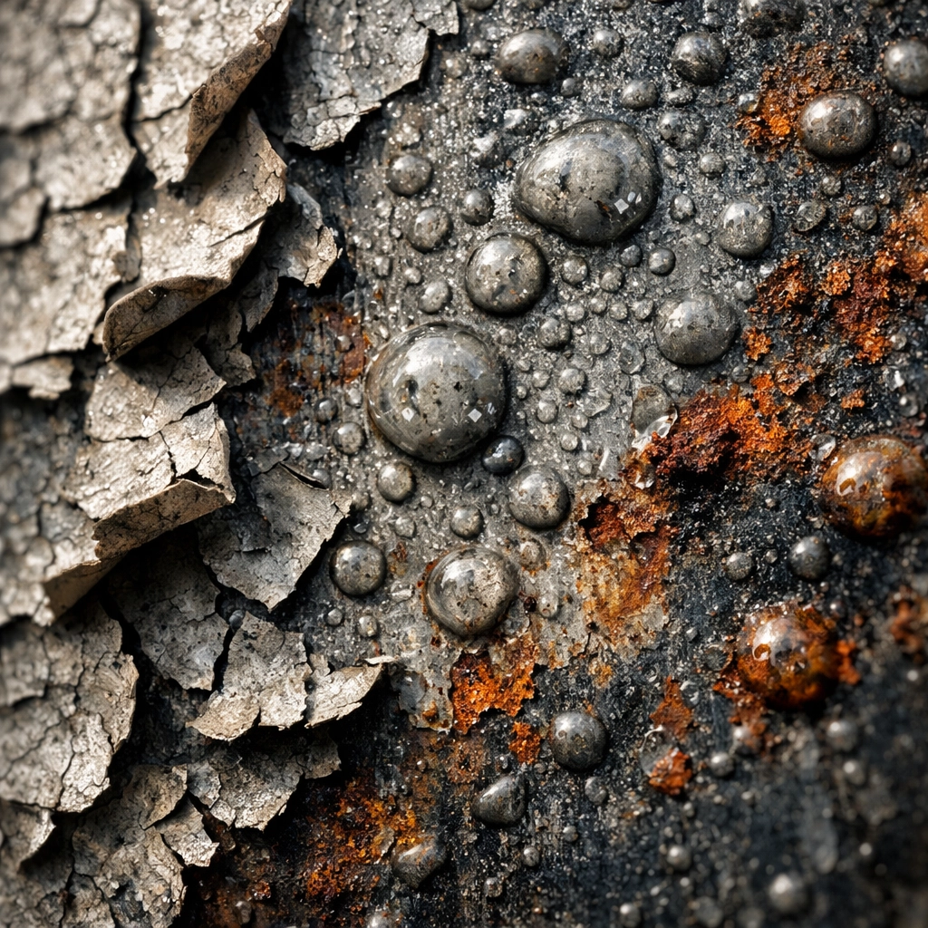 Close-up of peeling paint, bubbling finish, and rust spots from coating failure