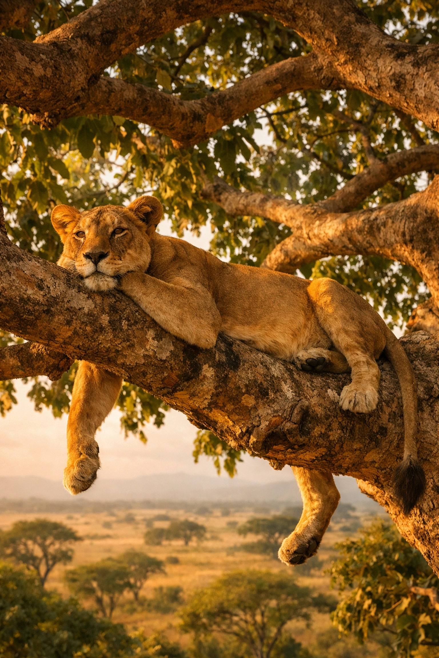 Famous tree-climbing lions of Ishasha resting in a fig tree during a Uganda wildlife safari adventure.