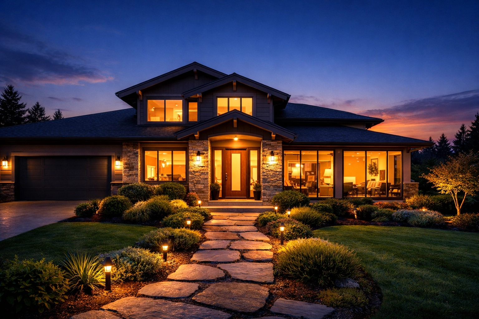 A modern suburban home glowing at dusk, representing steady rental income from real estate investing.