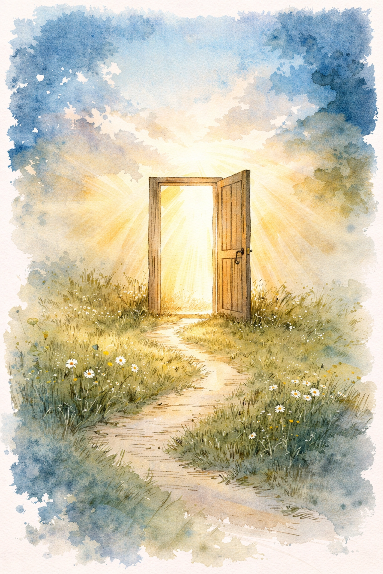 Watercolor illustration of an open door in a sunlit meadow, symbolizing hope, purpose, and spiritual growth in ministry.