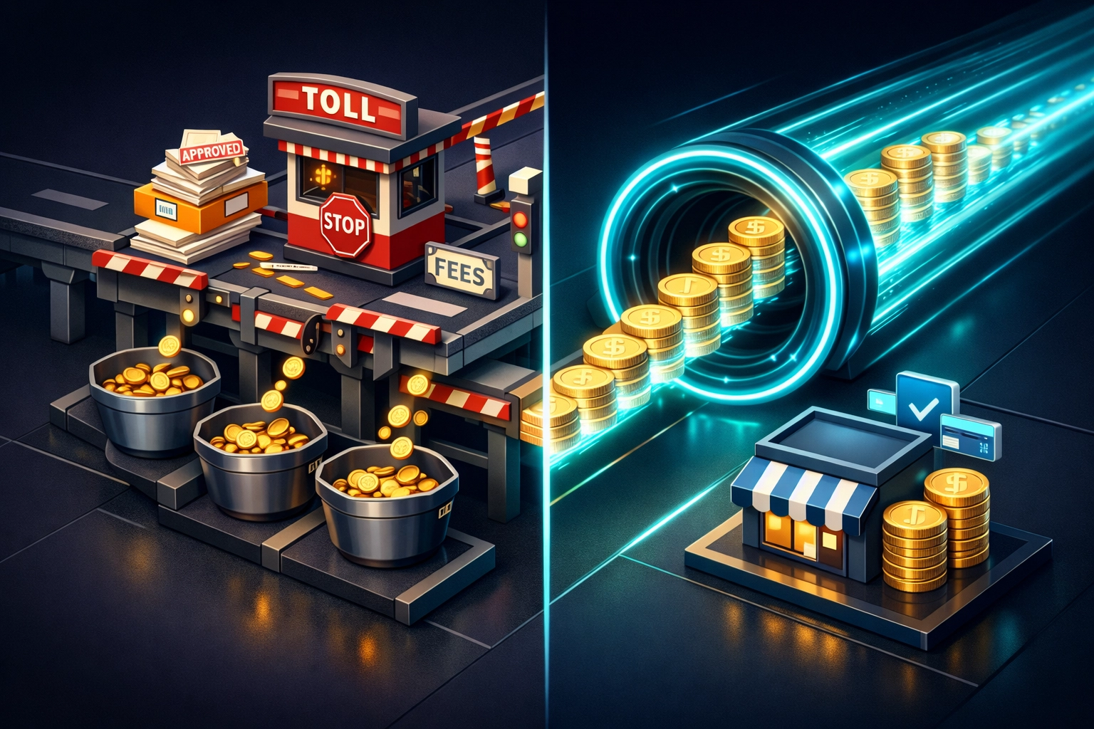 Comparison infographic showing high traditional merchant fees versus low-cost Larecoin cryptocurrency payments.