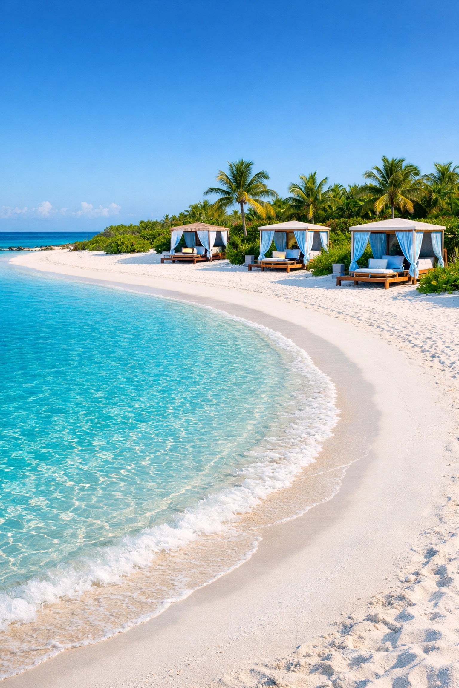 White sand beach and luxury cabanas at Half Moon Cay in the Bahamas.