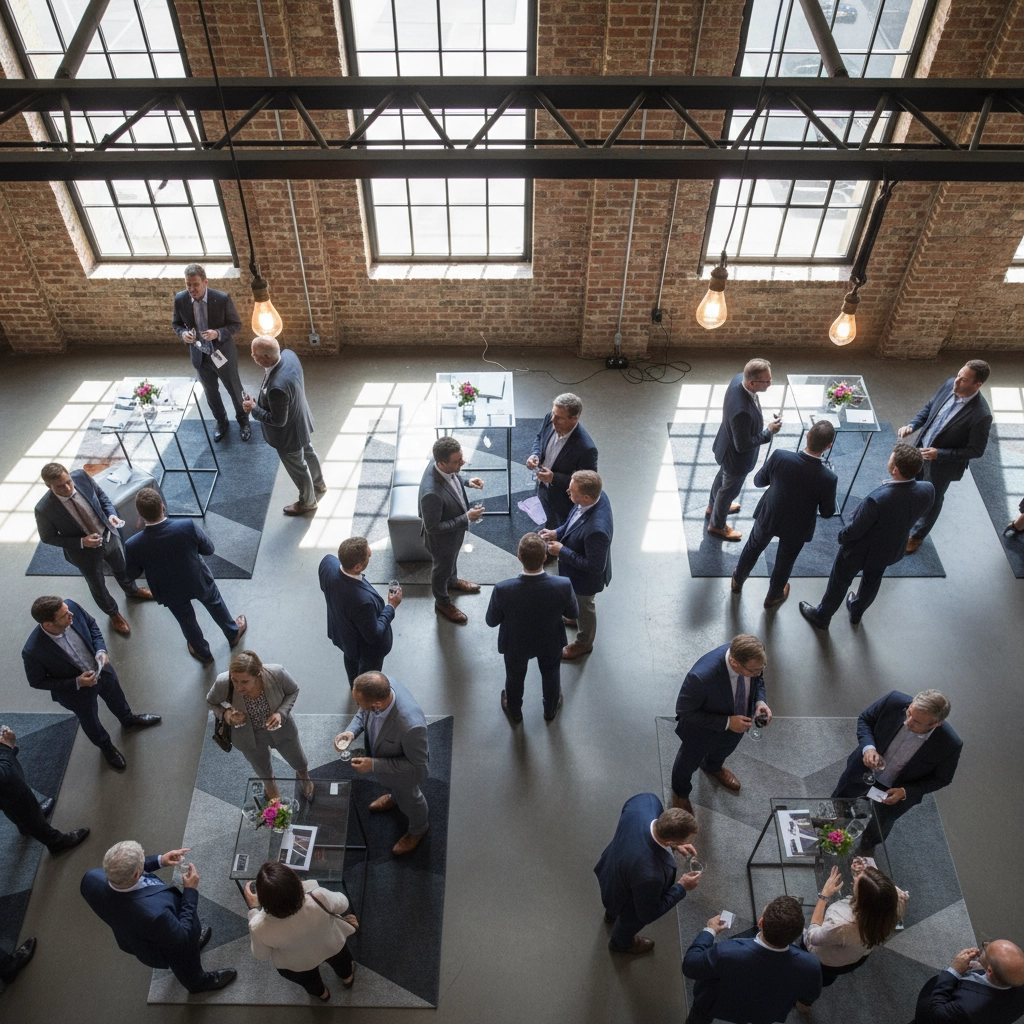 People in business attire mingling at a networking event in a bright, industrial space with brick walls, geometric rugs, and small tables.