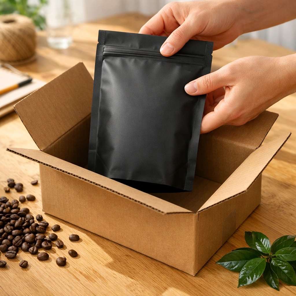White label coffee bag being packed into a shipping box for dropshipping fulfillment.