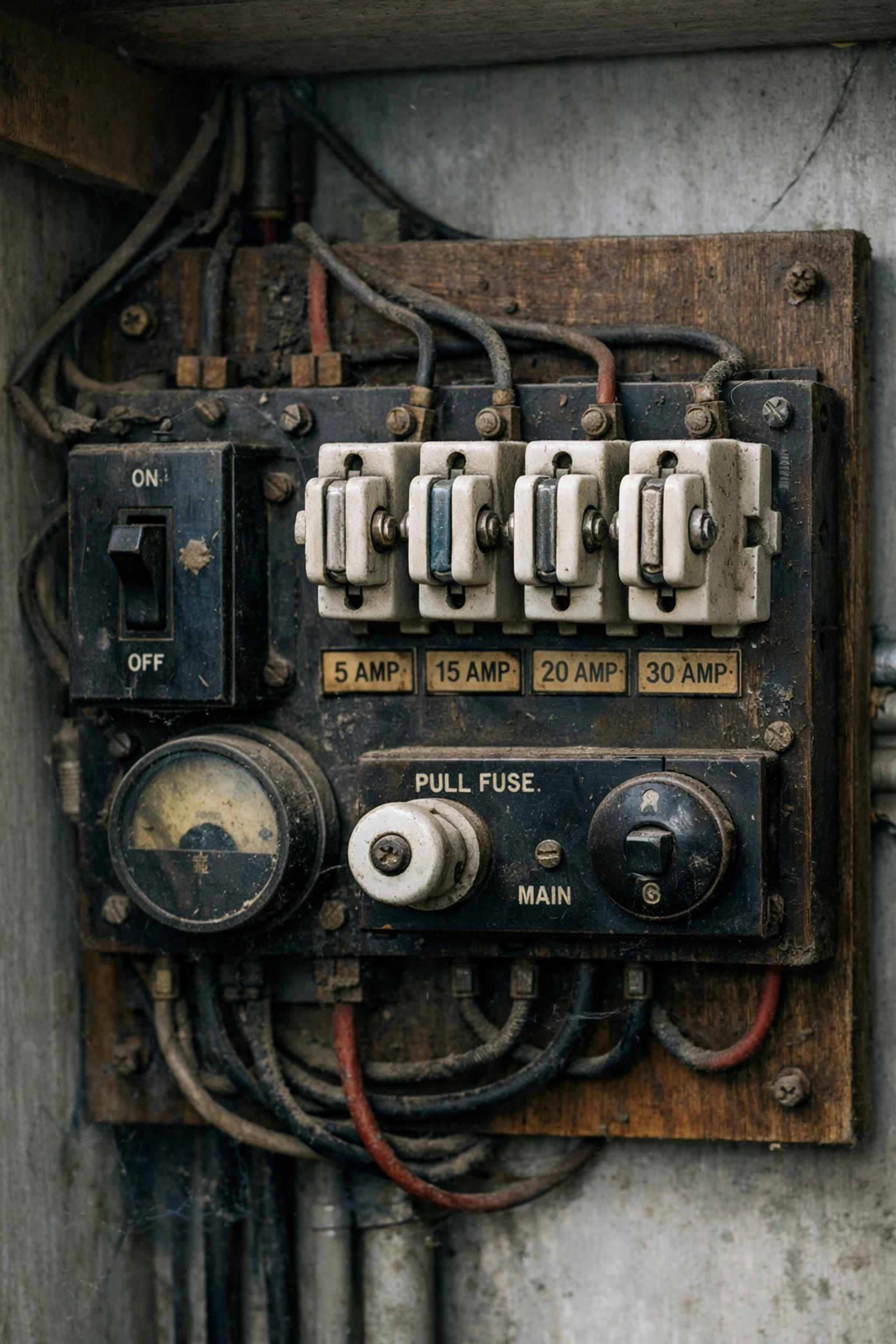 Outdated electrical fuse box with rewireable fuses on a wooden backboard in a Dorset home.