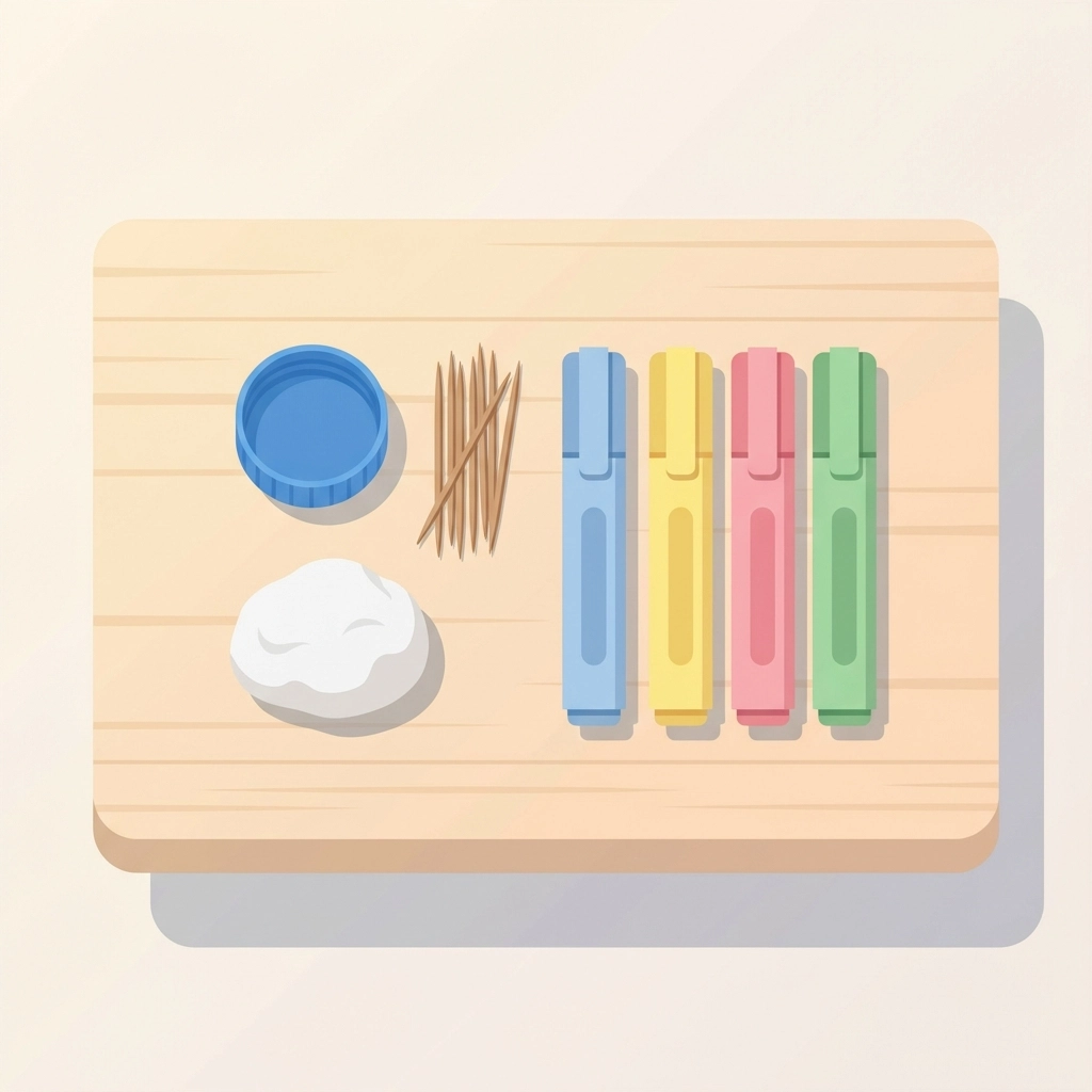 DIY spinning top supplies including a bottle cap, toothpicks, clay, and markers for kids' craft project