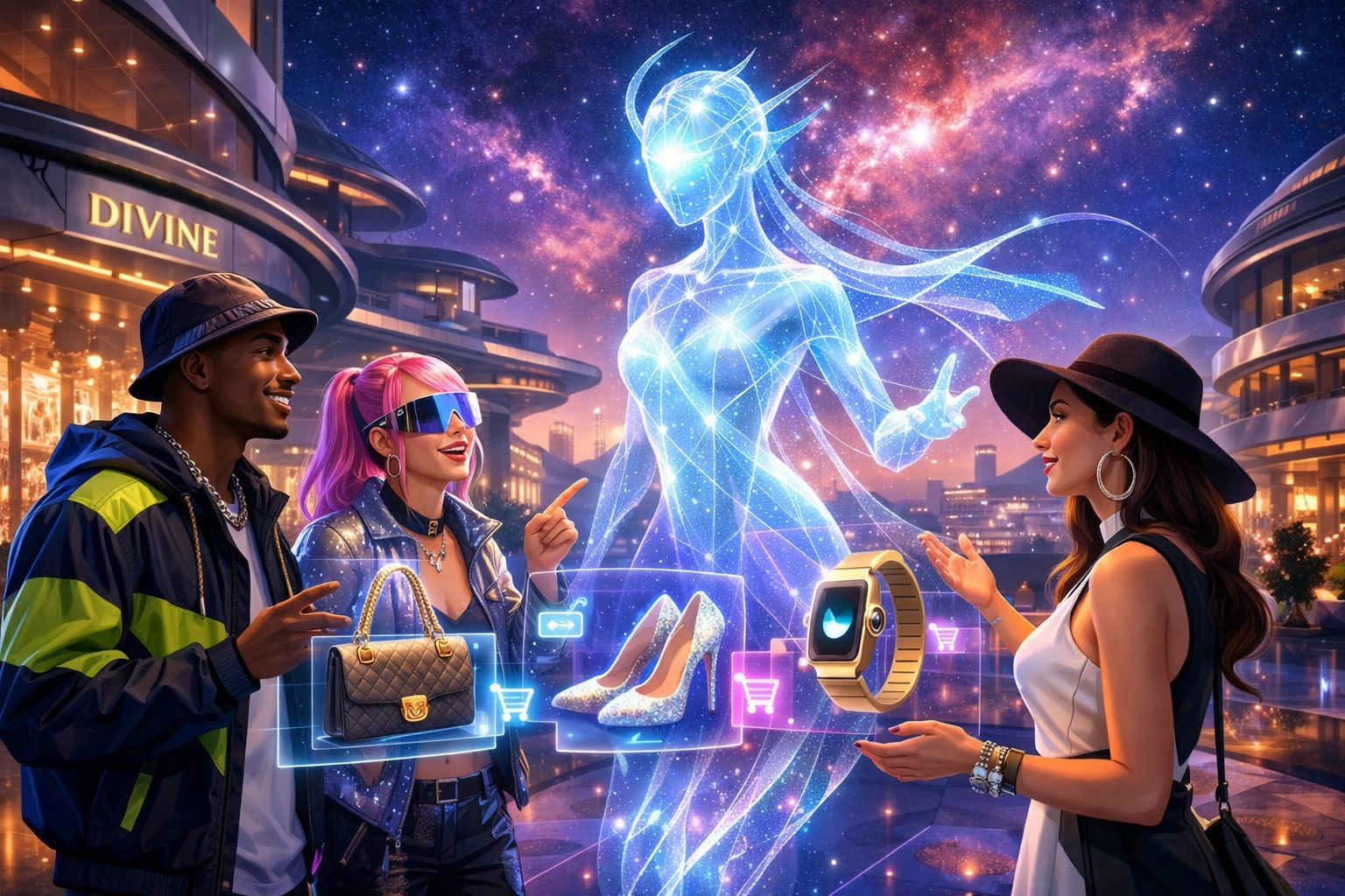 Friends shopping together in a virtual city with a holographic AI concierge suggesting luxury digital products.