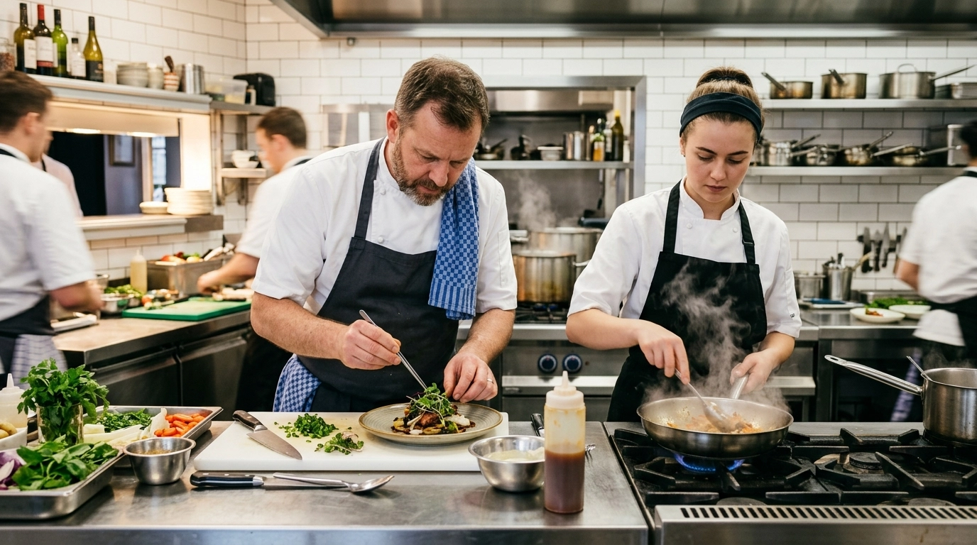 A professional commercial kitchen with a focused head chef and line cook working at a stainless steel prep station.