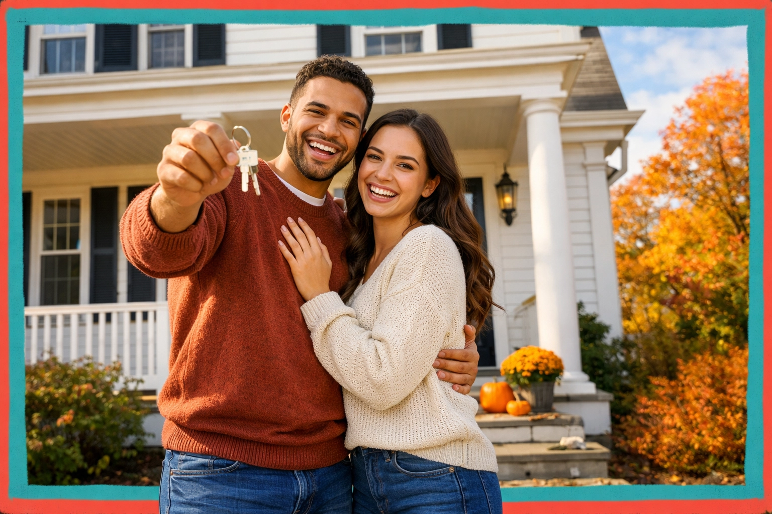 Young couple holding house keys on Connecticut home porch as first-time homebuyers