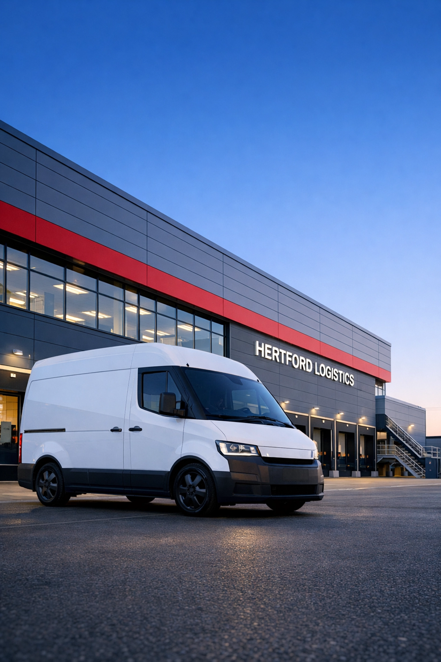 Delivery vehicle parked at a professional logistics and distribution hub in Hertford.