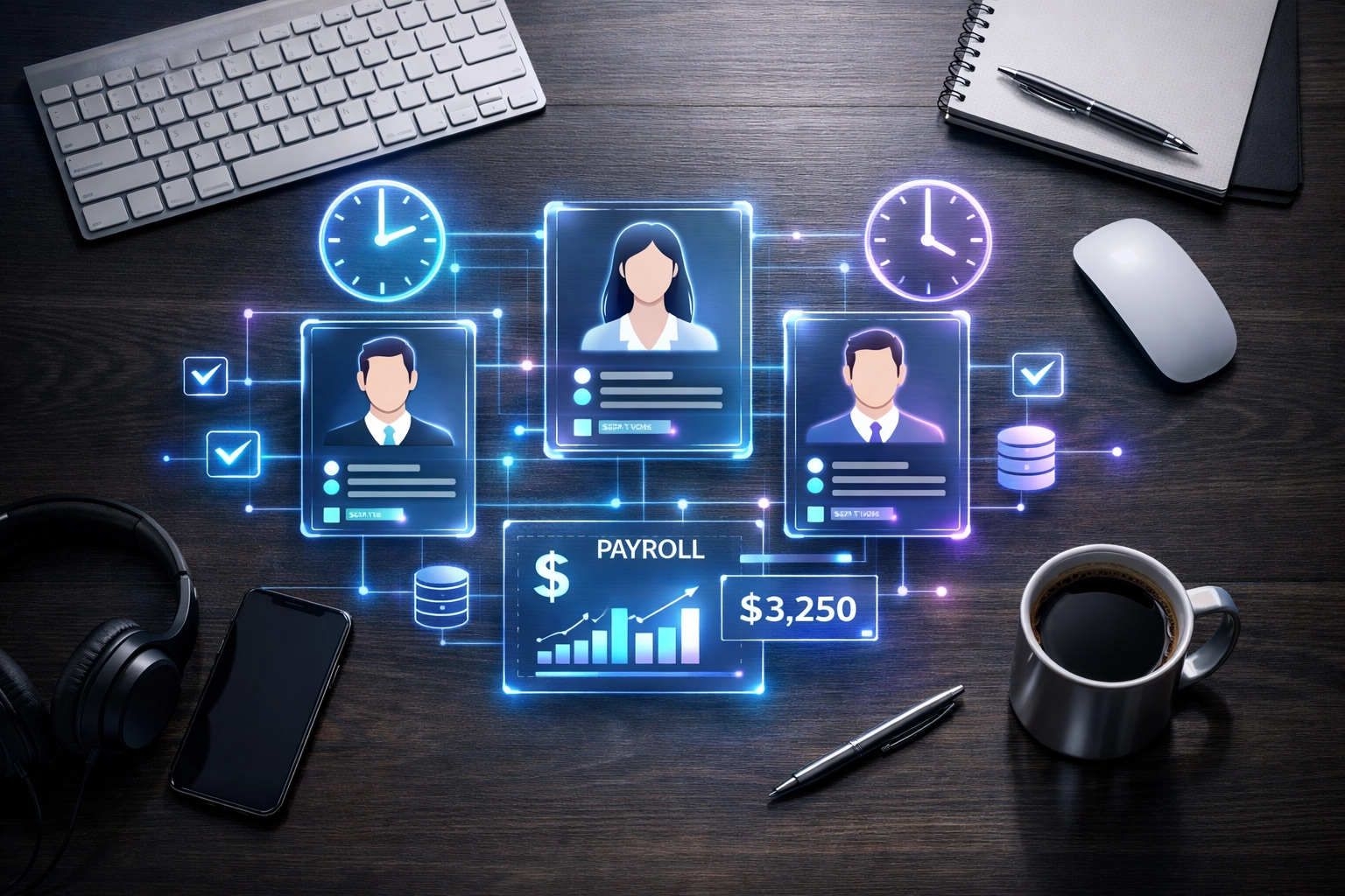Automated employee management dashboard showing payroll and time tracking workflow automation
