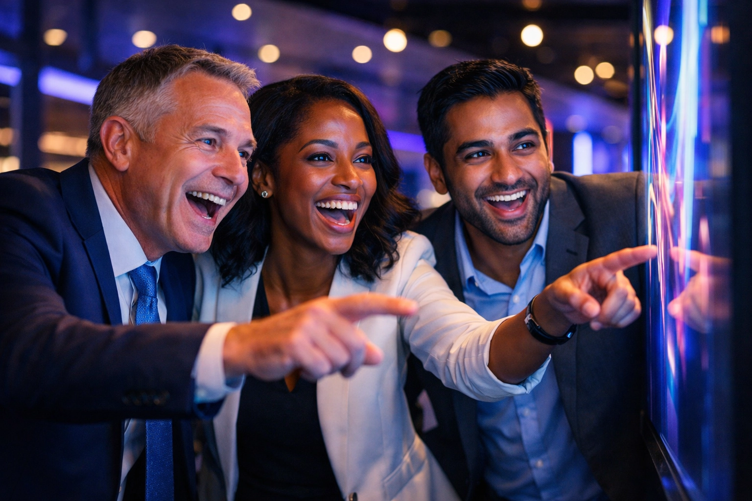 Corporate professionals engaging with a branded AI photo booth experience at a modern Toronto event activation.