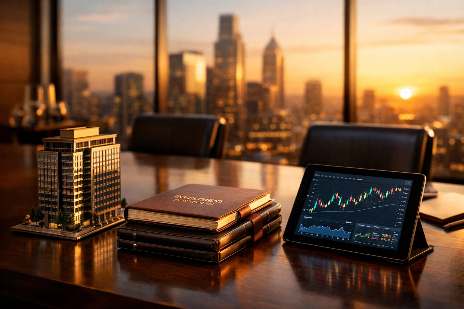 Conference table displaying private credit documents and investment models with city skyline backdrop