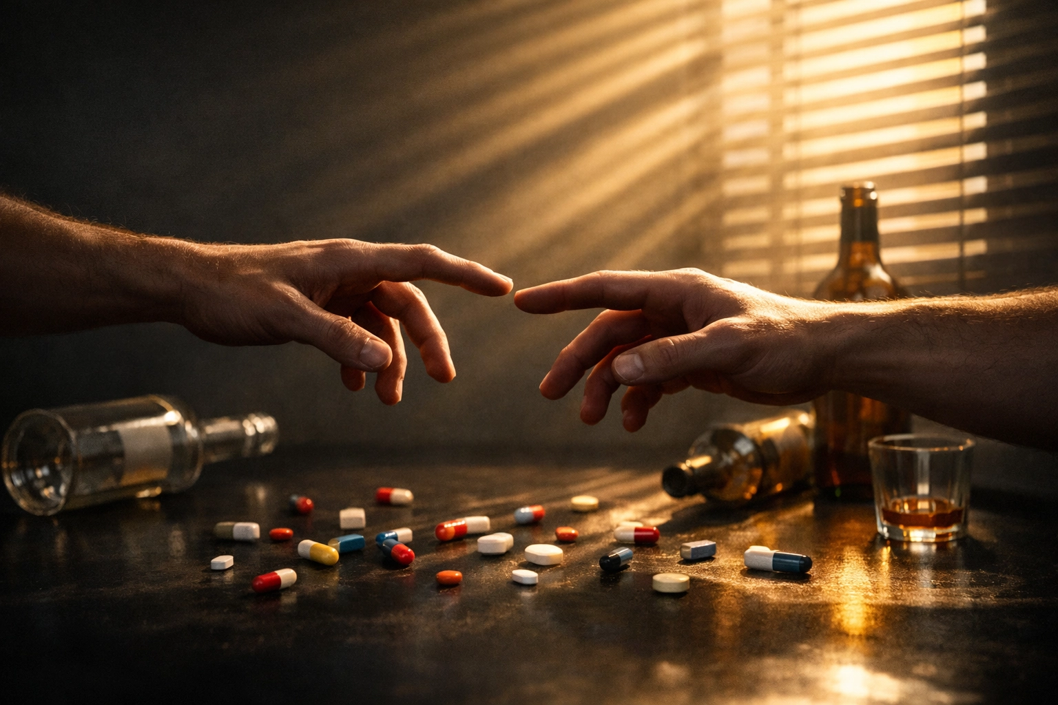 Hands reaching across table with pills and bottles at dawn - gay romance addiction recovery theme