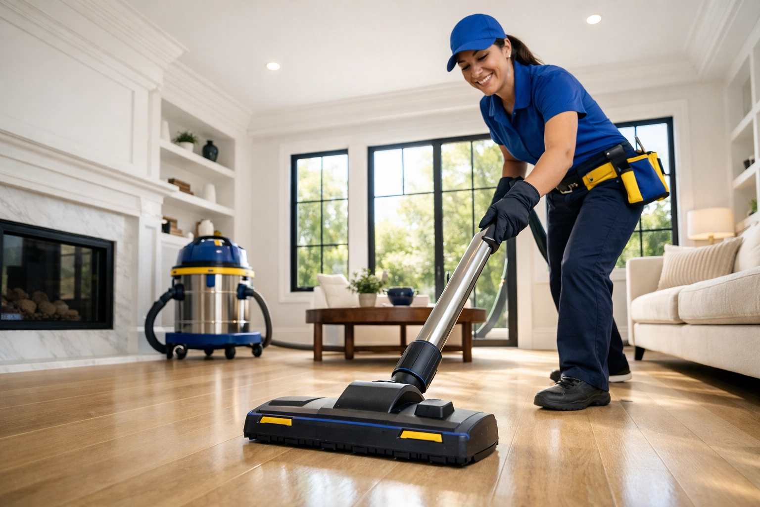 Post-construction cleaning in a MetroWest living room removing dust for a pristine move-in ready home.
