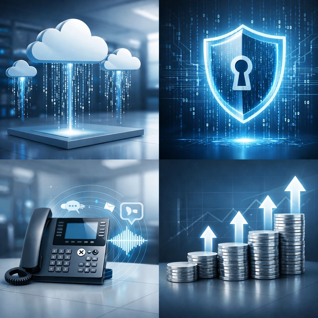 Four key managed IT service areas: cloud migration, cybersecurity, VoIP systems, and cost optimization