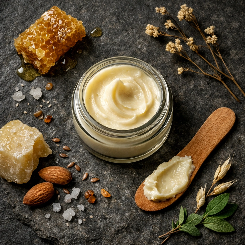 Artisanal jar of beef tallow balm with raw honeycomb representing clean, non-toxic skincare ingredients.