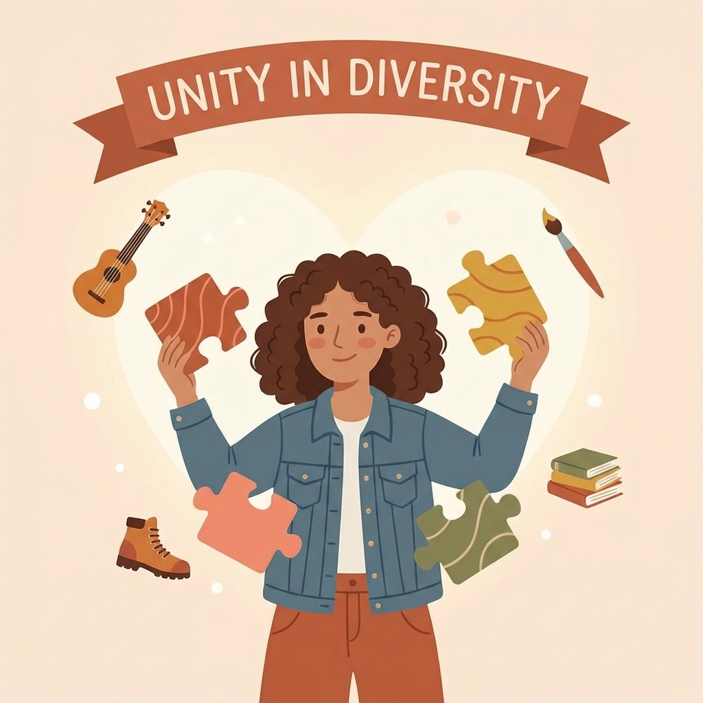 Personalized puzzle pieces surrounding a young adult, representing individualized ABA therapy and diverse interests.