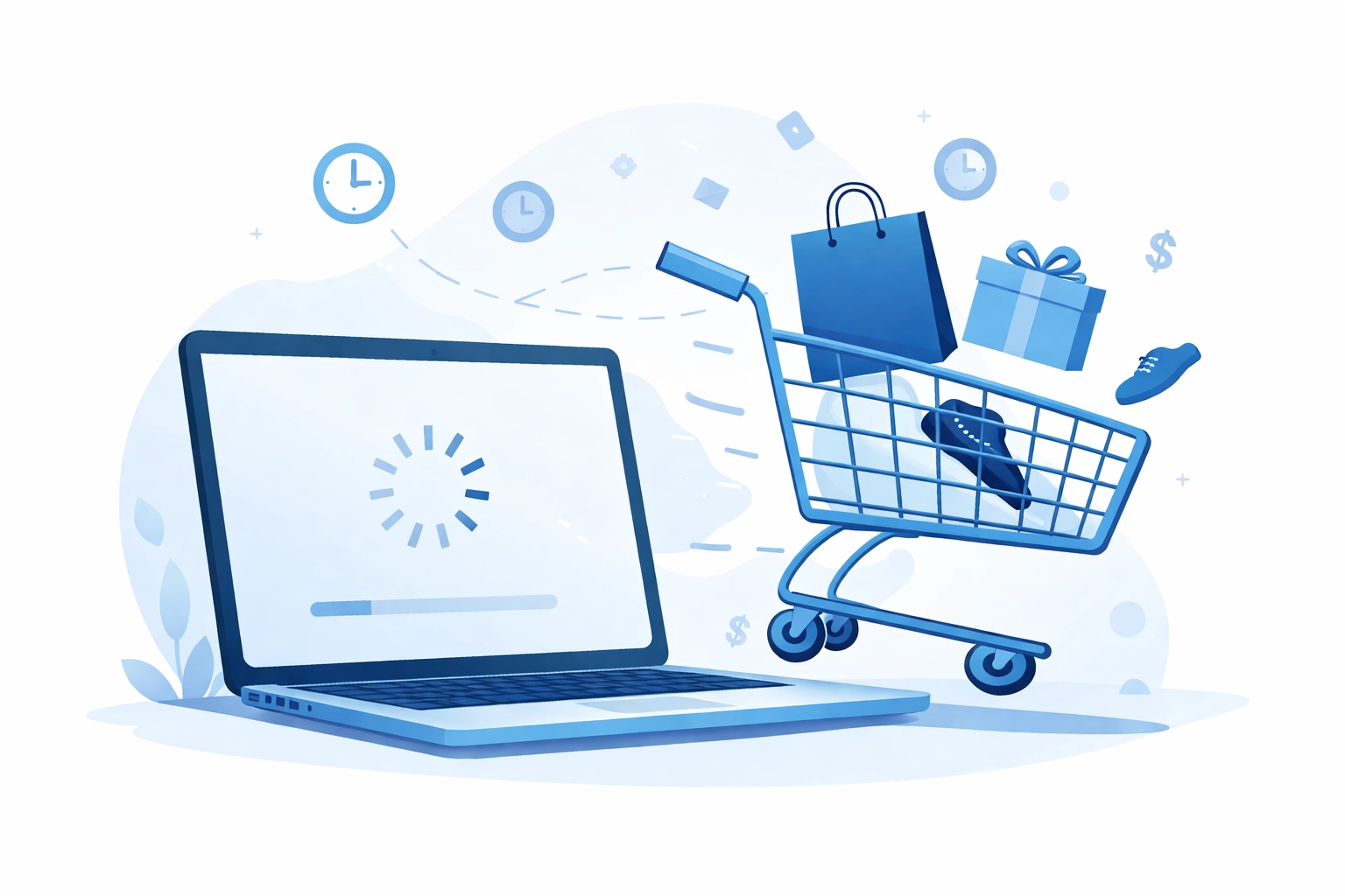 Illustration of shopping cart items falling from a laptop, representing lost sales due to slow website speed