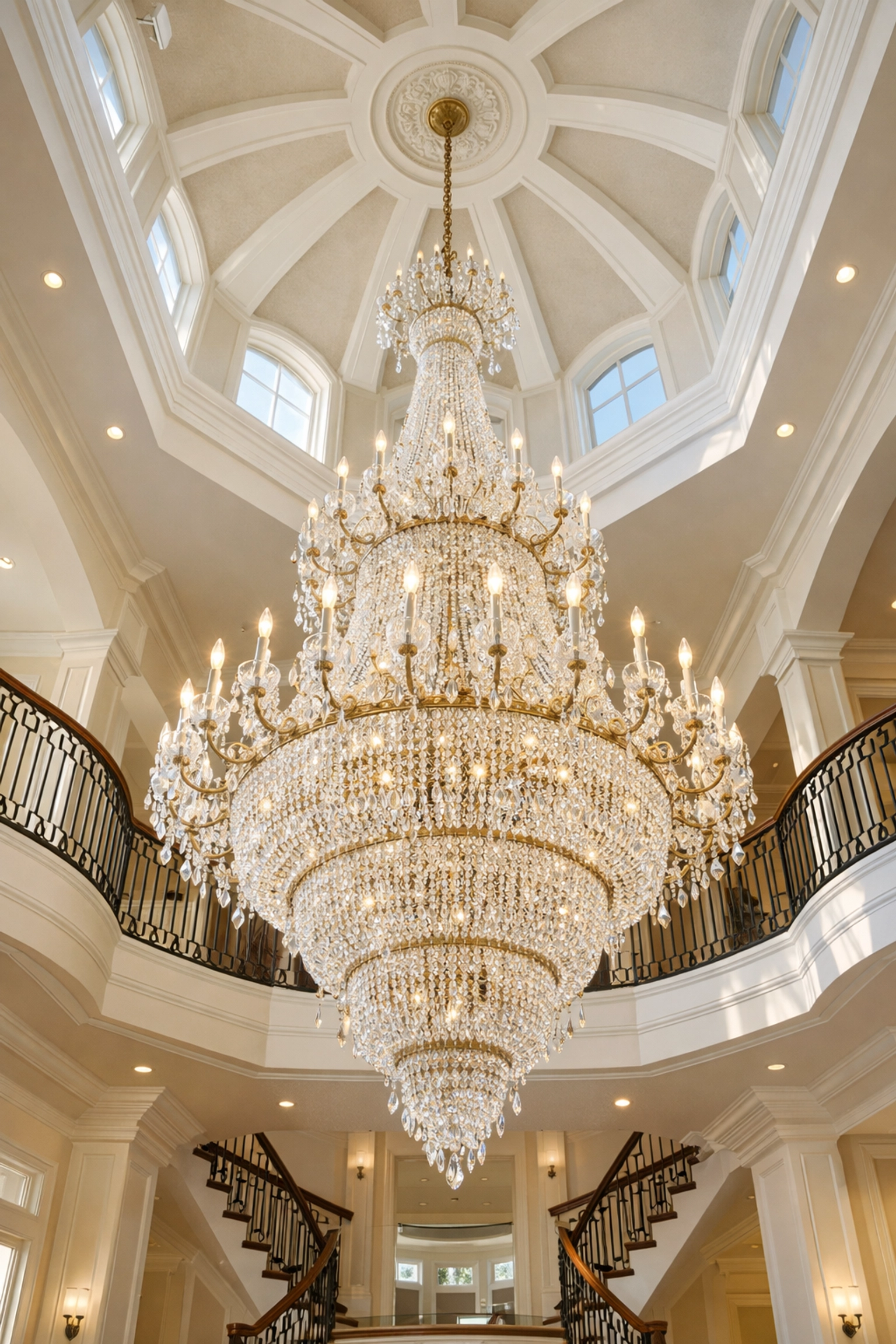 High-reach crystal chandelier cleaning in a grand foyer with tall vaulted ceilings.