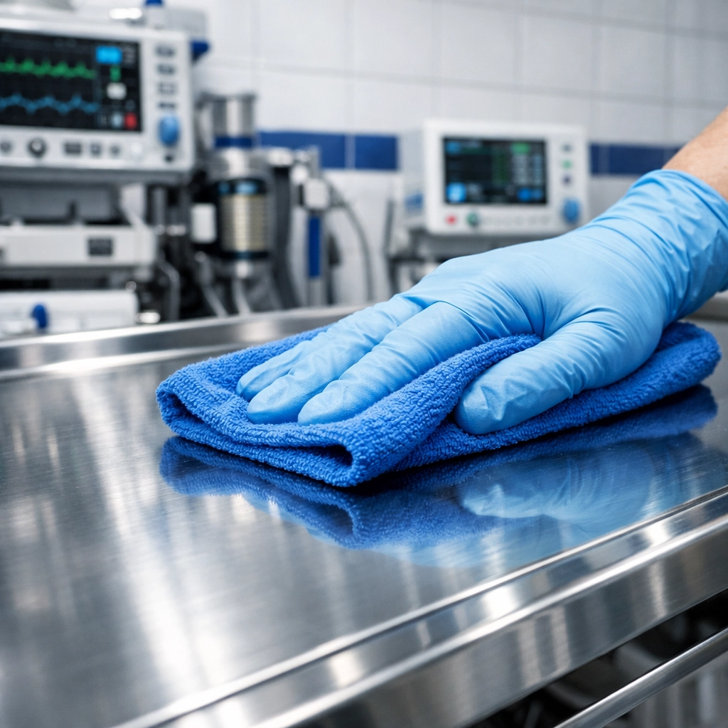 Sanitized stainless steel examination table in a sterile Natick animal hospital surgical suite.
