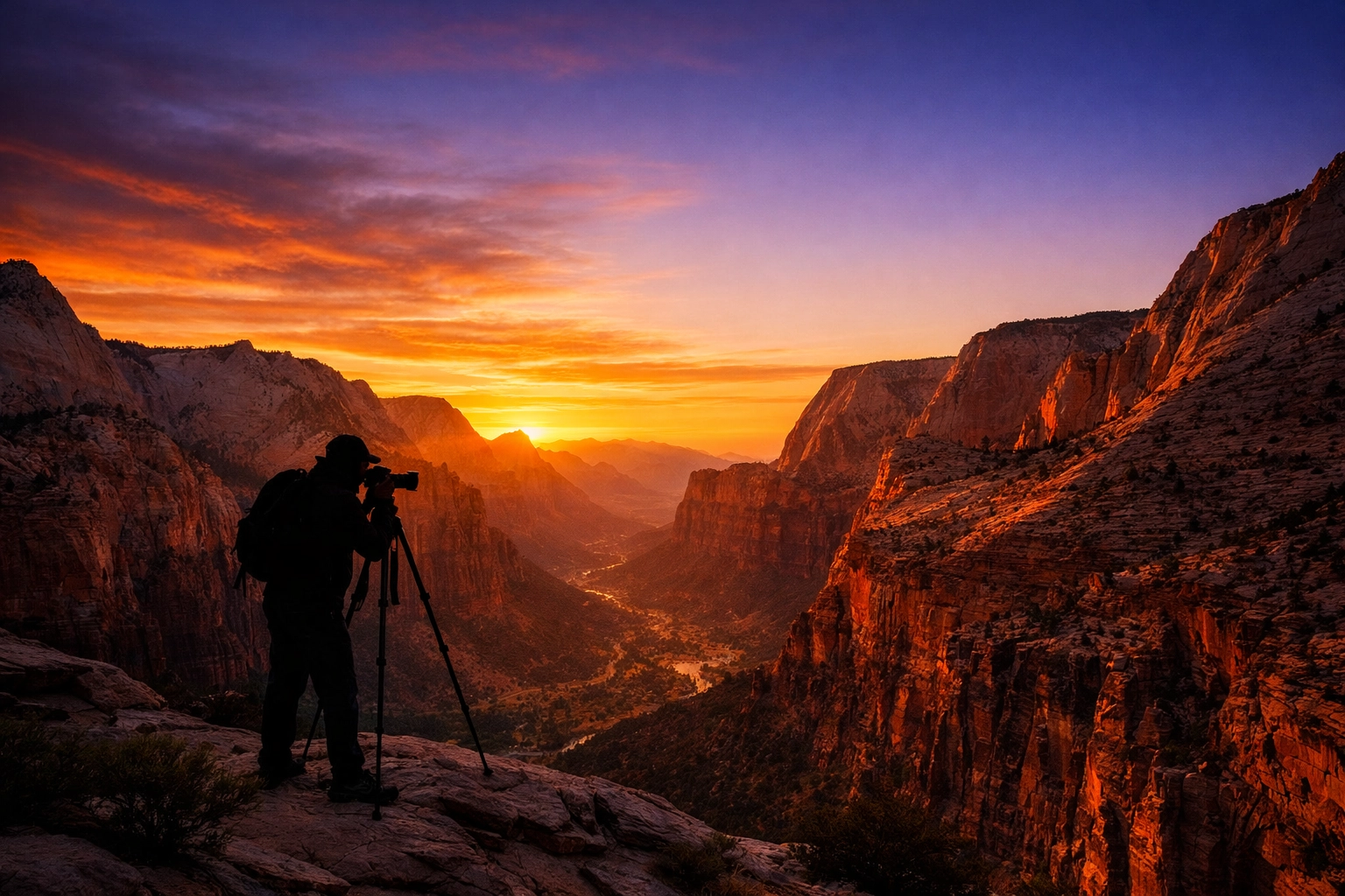 Landscape photographer capturing a sunrise at Zion National Park, finding work in iconic destinations.