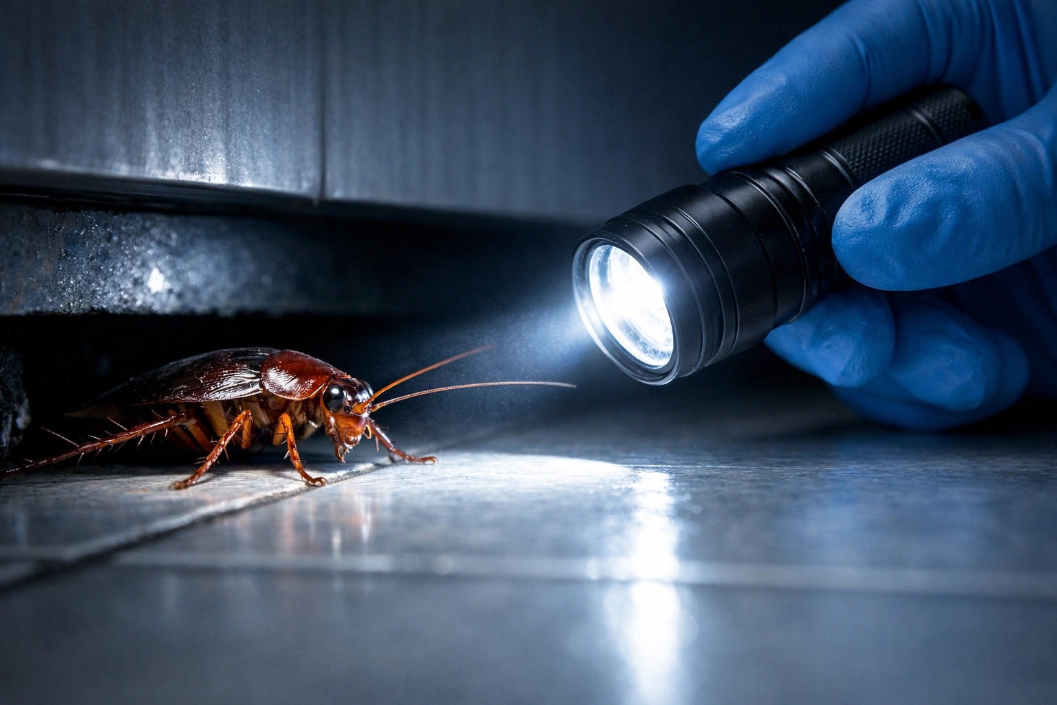 Technician identifying a cockroach in a kitchen during a residential pest inspection in Nutley NJ.