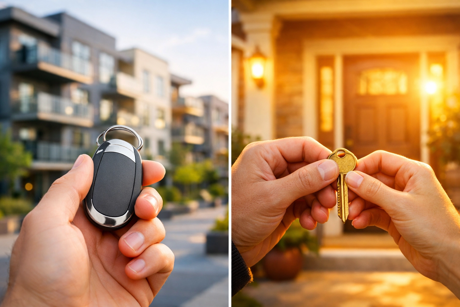 A comparison of an apartment key and a house key representing the choice to rent or buy in Goodyear. A comparison of an apartment key and a house key representing the choice to rent or buy in Goodyear.