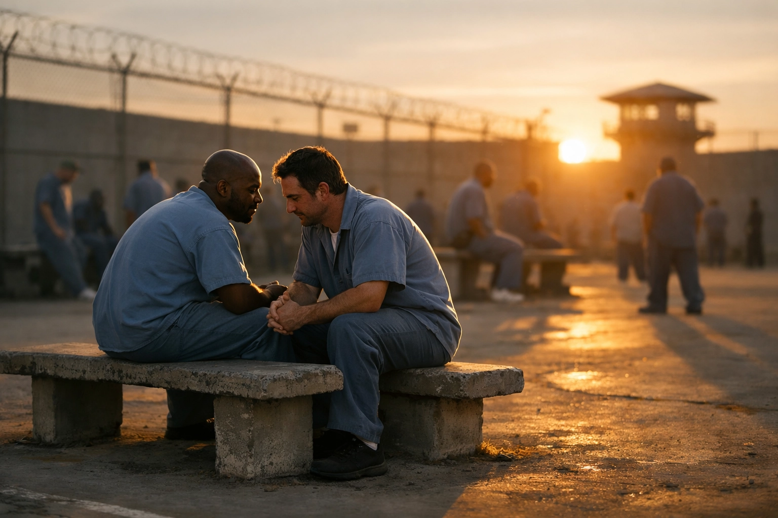 Gay men in prison building a relationship during recreation time in the prison yard