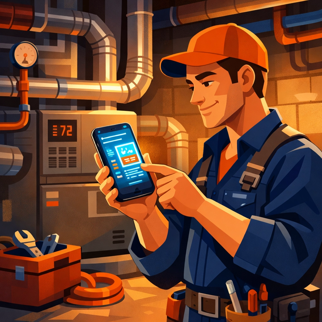HVAC technician using mobile field service software on smartphone in mechanical room